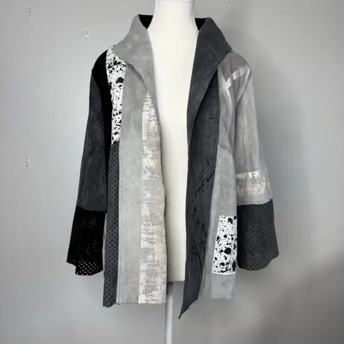 Lemon Grass Women’s Jacket XS Black Gray White Patchwork Open Front Long Sleeve