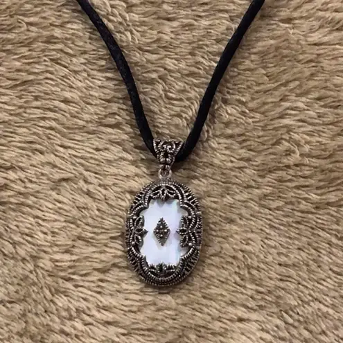 JACK JUDITH Silk Necklace & Marcasite Embellished Silver Mother of Pearl Pendant