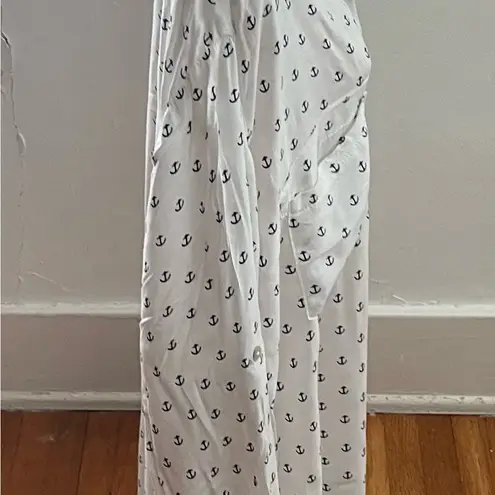 Just living white anchor print button up roll tab sleeve shirt, size L marine