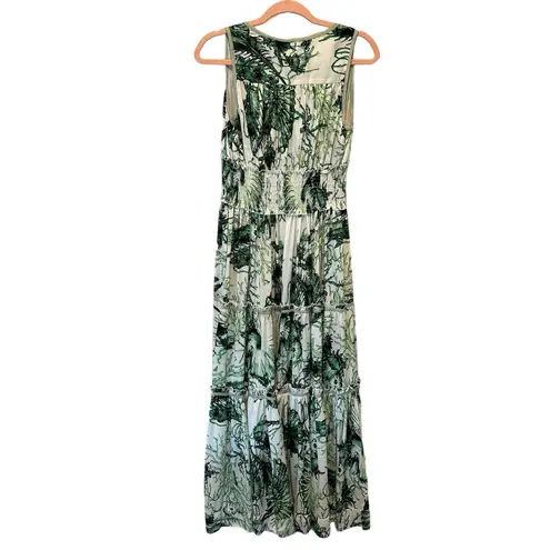 Antica Sartoria Boho Coastal Green Palm Leaf Printed Tiered Maxi Dress Small
