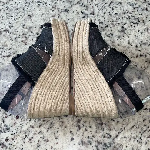 barney's new york Womens Fringe Denim Wedge Espadrille Sandals Black Size 37