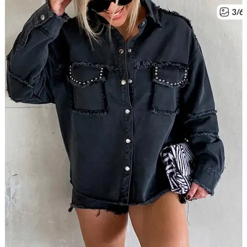 Vintage Havana Studded Peace Sign Twill Black Oversized Shacket, S