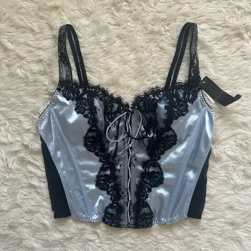 Delicates Corset Top Bustier Satin Lace Cropped Vintage Blue Black Sz L NWT New