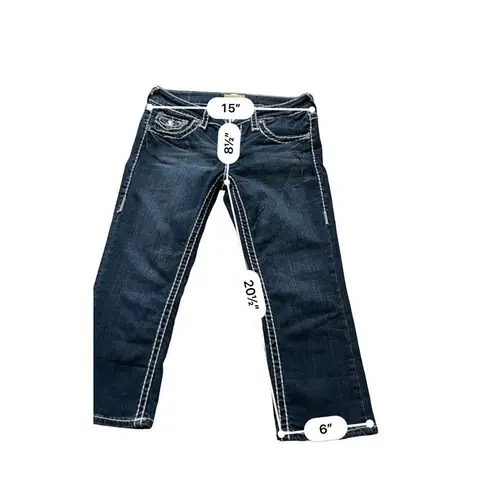 L.A. Idol Rhinestone Flap Pocket Capri Jeans Thick Stitch Size 7 made in USA Blue