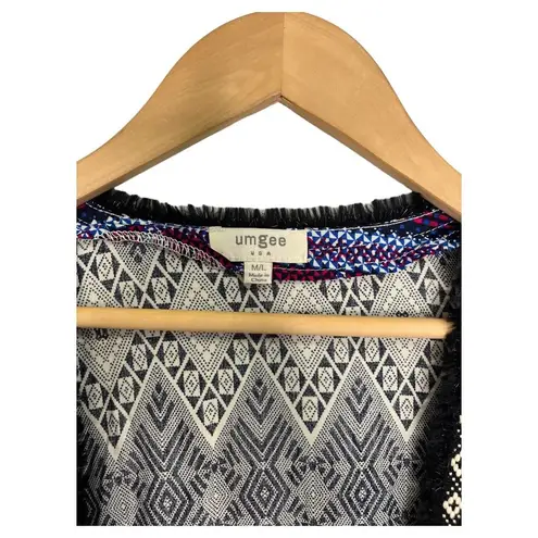 Umgee  Kimono Womens Open Front Fringe Embroidery Half Sleeve Aztec Black M/L