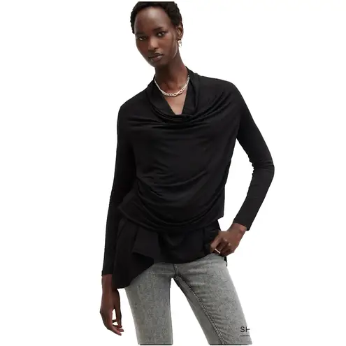 All Saints Amei Dress Black Drape Tie Long Sleeve Adjustable Length Womens 6