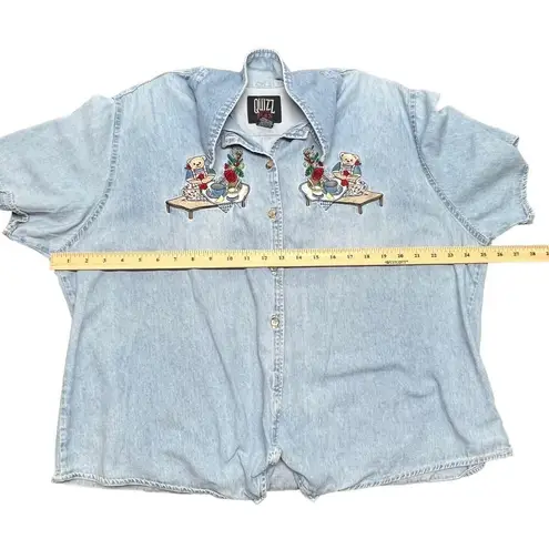 Vintage Quizz Womens Shirt 2X Cotton Chambray Embroidered Cabincore Grandmacore Blue