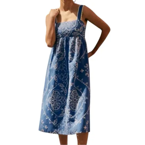 Sézane Sezane NWT Women’s Size 6 Blue Ecru Embroidered Sylvette Tie Back Midi Dress