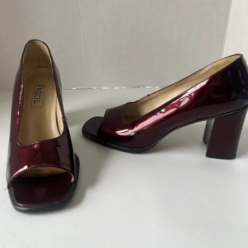 Vtg Precis 90s Patent Peep Toe Womens Shoes Sz 7.5 Chunky Heel Retro Y2K Square Red