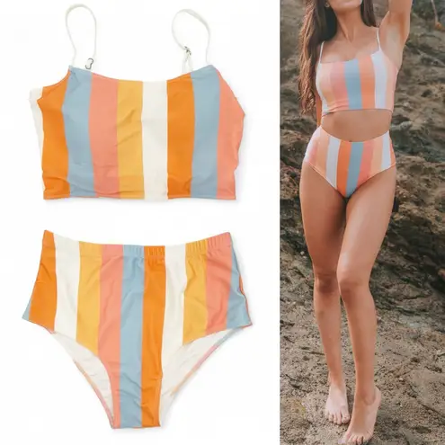 One Loved Babe Bikini Set Size Medium Retro Stripe High Waist Swim Two Piece M Orange