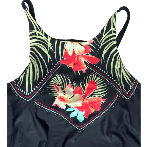 Cacique Swim Plus Non Wire Floral Beaded Tankini Top Black Size 24