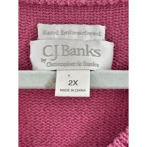 CJ Banks Cardigan Sweater Woman's 2X Plus Hand Embroidered Vintage 3D Flower Pink Size XXL