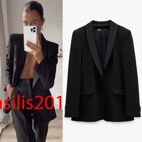 ZARA  DINNER TOXEDO Blazer Jacket w/ Satin Lapel Collar Long Sleeves Black S NEW