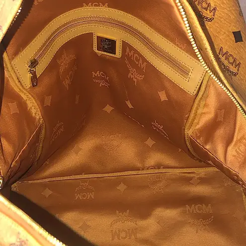 MCM Cognac Visetos Logo Metallic Embellished Full Size Unisex Backpack Book Bag