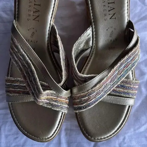 Italian Shoemakers Women’s Size 8 Brown Fabric Wedge Sandals Slip On 3” Heel