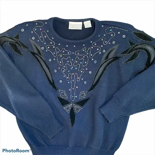 COSCOB Vintage Navy Blue Beaded Sequin Velour Sweater Size M Size M