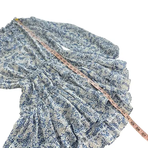 MISA Los Angeles Lorena Dress White and Blue Floral Print Tiered Swing XS XSmall