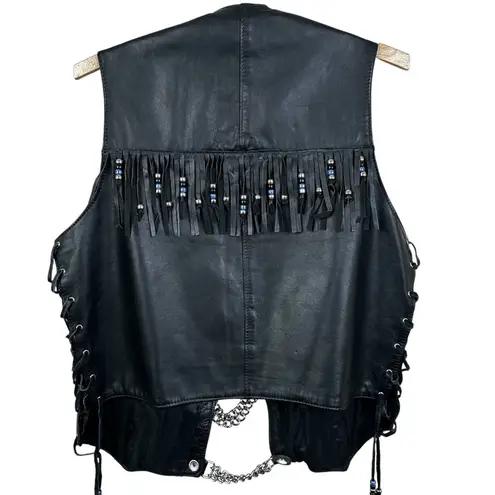 Vintage Harley Davidson Black Leather Fringe Vest Size L Biker Chic Edgy Jacket Size L