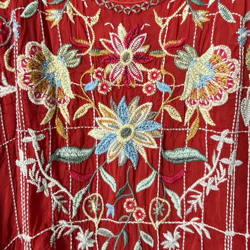 Johnny Was Red Embroidered Grid 3/4 Sleeve Tunic Blouse Top Size XS