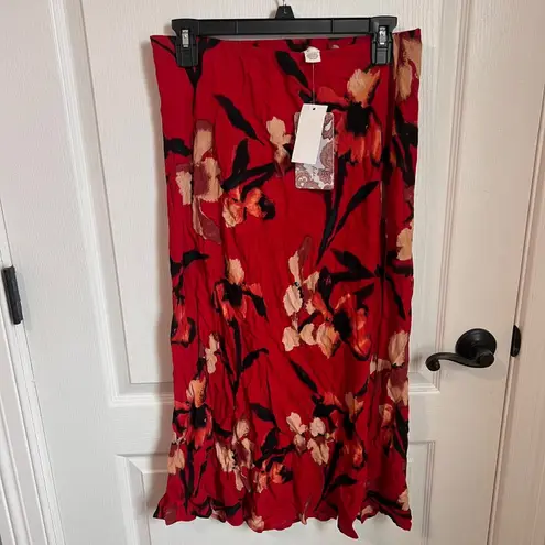 Band of the Free Womens Heart Beat Floral Midi Skirts Side Slit Large Red NWT