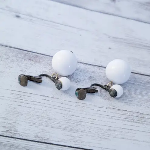 Vintage Clip On Earrings Retro White Duo Ball Dangle