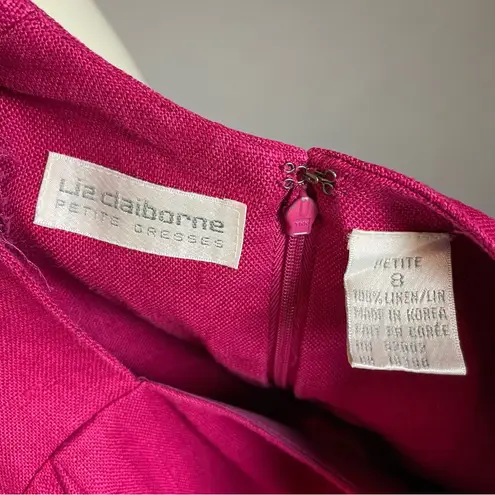 Vintage Linen Dress 1980s Hot Pink Fuchsia Square Neckline Shoulder Pads Petite Size 8P