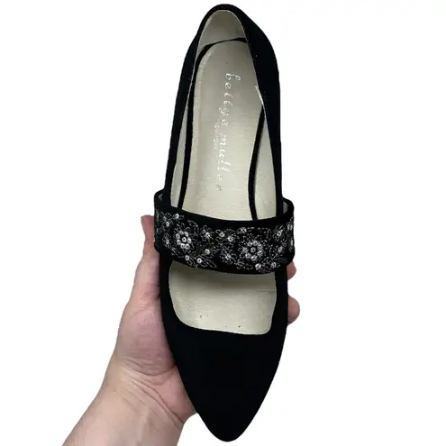 Bettye Muller Black Velvet Pointed Toe Flats Sequins Floral Embroidery Womens 7M