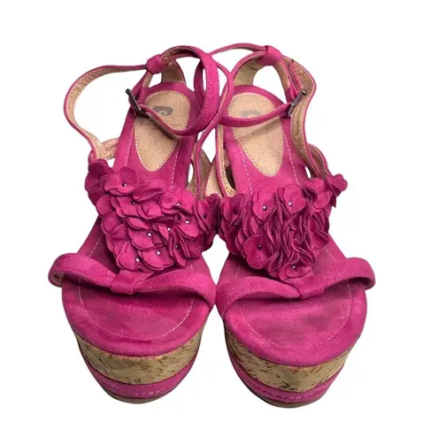 Pierre Cardin Vintage: ♚ Suede Floral Embellish Platform Wedge Sandals ♚ Magenta