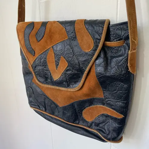 Black Leather Brown Suede Satchel Purse Shoulder Bag