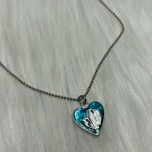 Abalone penguin heart silver tone necklace