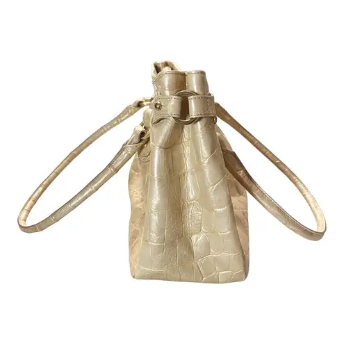 Brahmin Croc Embossed Leather Satchel Dual Handle Zipper Closure Cream Handbag