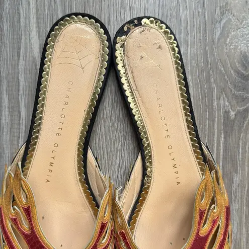 Charlotte Olympia Black Suede And Red Snake-printed Leather mules Size 37/7