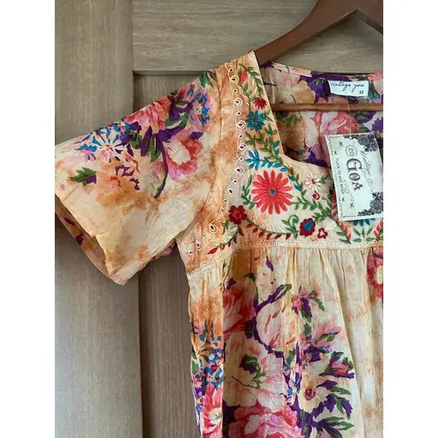 NWT Vintage Goa Square Neck Embroidered Floral Boho Top in Mango Women size Med Orange