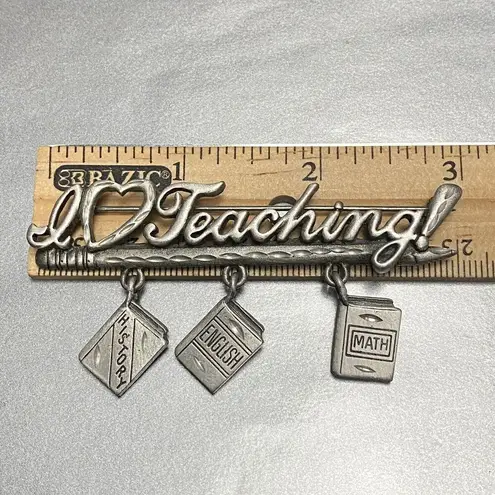 JJ Vintage Pin Brooch I Love Teaching Subjects Books Teacher Signed 1980s Pewter Gray