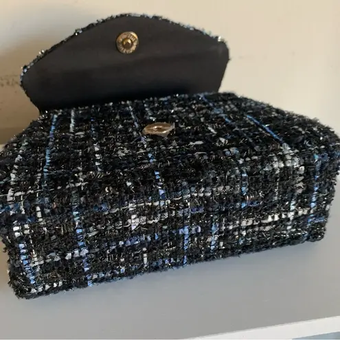 None Mini Tweed Blue Black White Fabric Gold Chain Link Shoulder Handbag