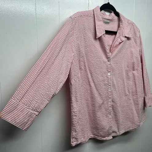 L.L.Bean  Button Front Pink 3/4 Sleeve Wome's Striped Top Size Large Bre…