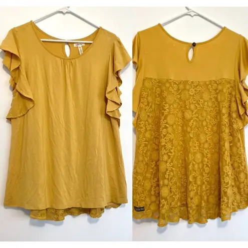 Matilda Jane Bocce Ball Lace Accent Top Mustard Yellow Lace Back Short Sleeve M
