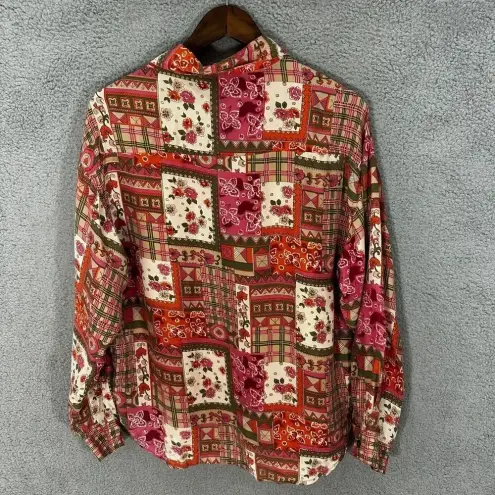 Jonathan Martin Vintage Button Up Top Womens Large Silk Red Floral Patchwork Boho Indie Hippie