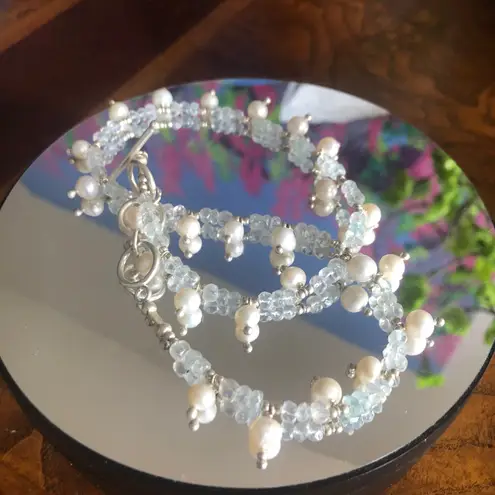 Sterling Silver Handcrafted genuine pearl aquamarine stone toggle clasp necklace