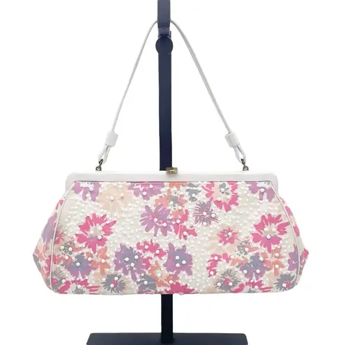 Vintage Magid Beaded Floral Clutch Purse White Pink Purple w Coin Pouch Beaded