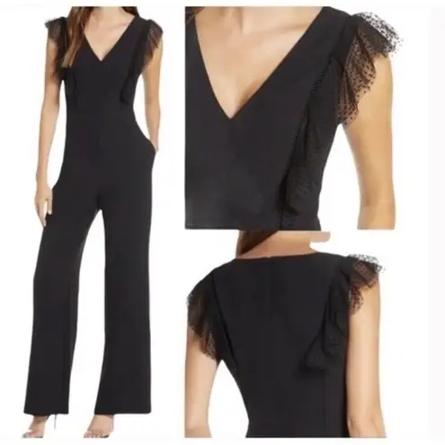 Eliza J NWT Tulle Ruffle Sleeve Stretch Crepe Jumpsuit Women's Black Size 6