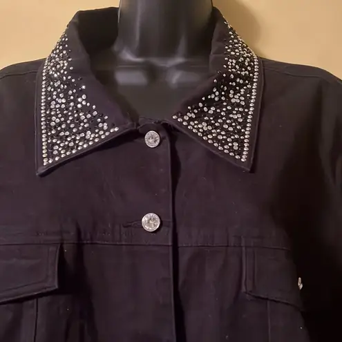 Rhinestone hand embroidered black denim cotton jacket 2X (20/22) Size XXL