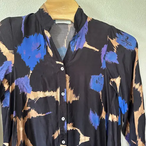 Noen Shirt Dress Abstract Print Button Up Long Sleeve Pockets Size US 8 Black