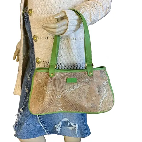 ETRO GREEN FAUX LEATHER TRIM W/TAN & GRAY COTTON PAISLEY PRINT BODY SATCHEL BAG