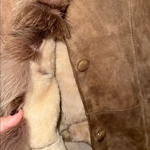 Fur trimmed coat suede leather luxurious womens Coat button up vintage bohemian Brown - Image 4