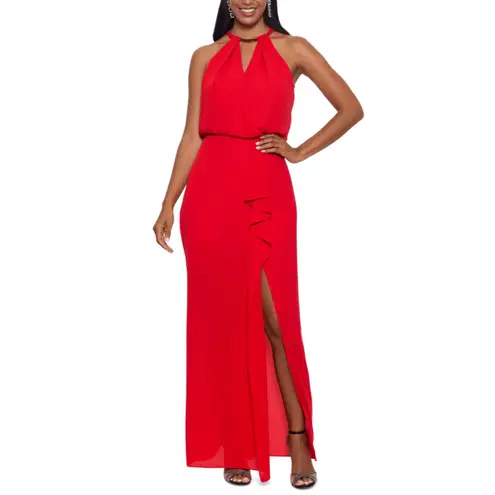 XScape Red Chiffon Sleeveless Ruffled Long Evening Gown Size 8 Formal Dress