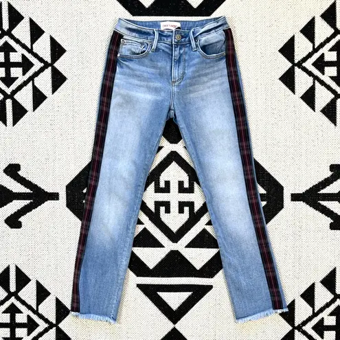 Driftwood Colette Plaid Trim Straight Crop Frayed Hem Jeans Size 24