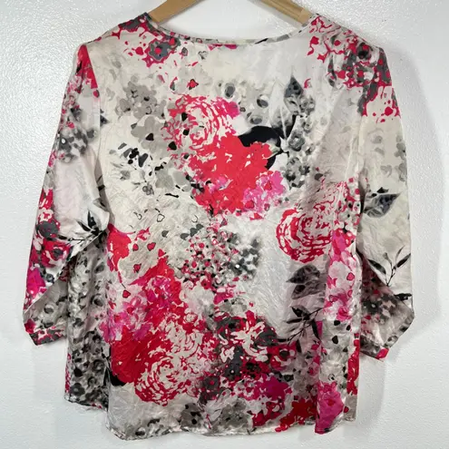 Pendleton Silk Blend Blouse Pink Gray Floral V-Neck 3/4 Sleeve Lightweight Top