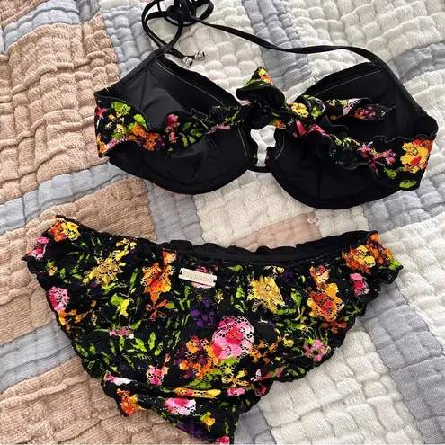 None Vtg black floral tropical colorful bright push up top lettuce trim bikini set