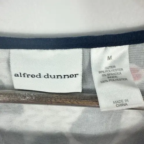 Alfred Dunner Textured Floral Top Womens M Navy Square Neck Retro Preppy Resort Blue Size M